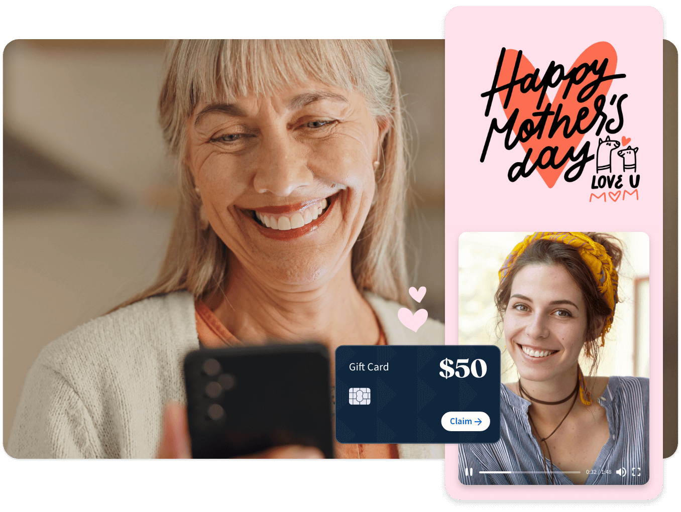 Mother smiling because she received a VidDay Greeting from her daughter along with a gift card.