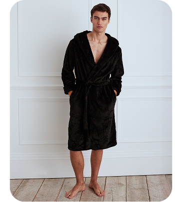 Fleece Hooded Dressing Gown - Black