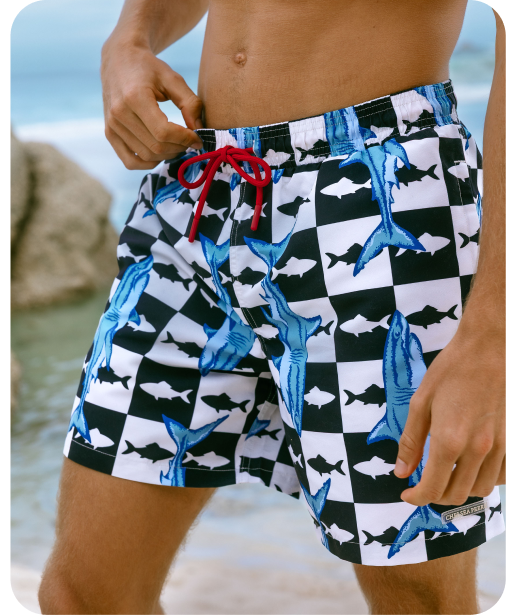 Checkerboard Shark Print Swim Shorts
