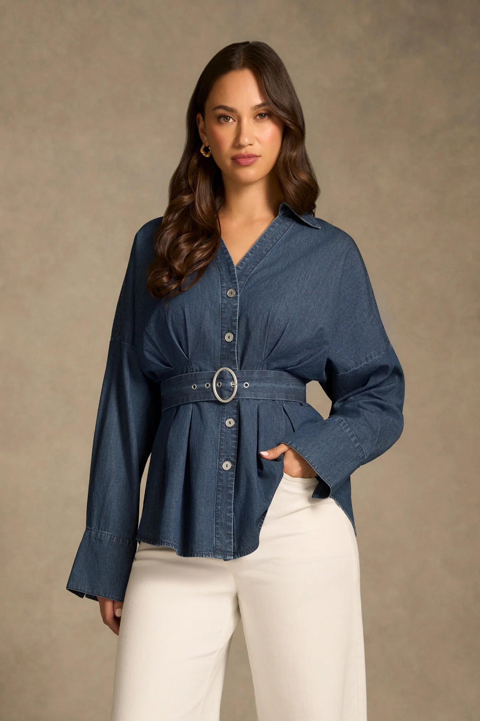 Image of Chambray Belted Shirt - Dark Wash Denim