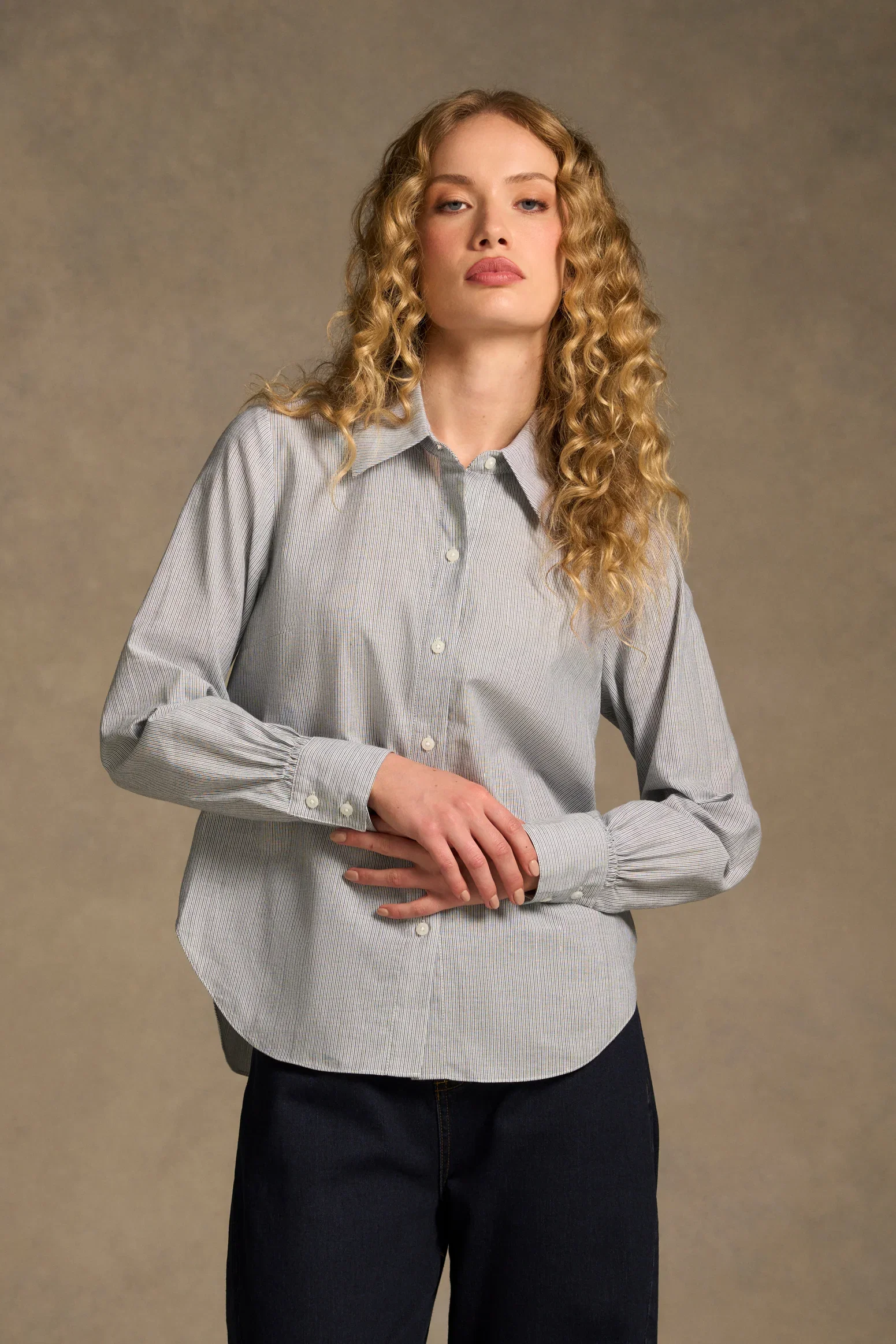 Image of Lurex Stripe Shirred Shirt - Navy & White Pinstripe