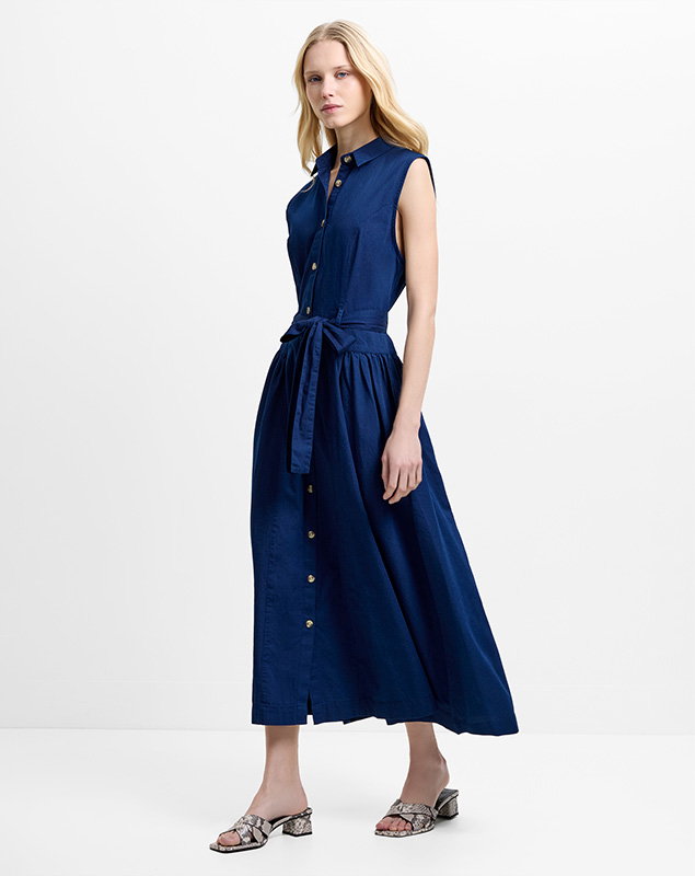 Zaves Chambray Denim Belted Midi Dress