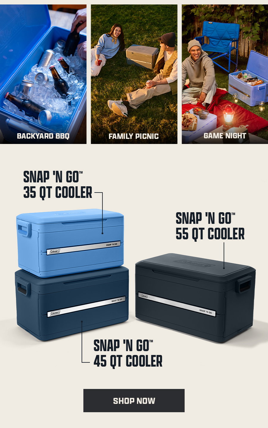 Text promoting coolers with three event images labeled backyard bbq, family picnic, and game night. Three coolers shown with sizes. Shop now button.