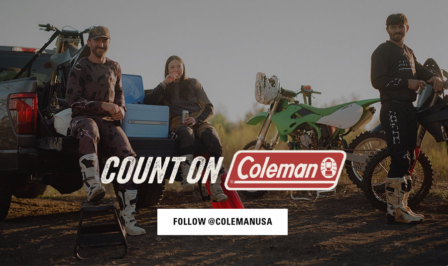 Count on Coleman text over three people sitting by a pickup truck and motorcycles with follow @colemanusa button below.