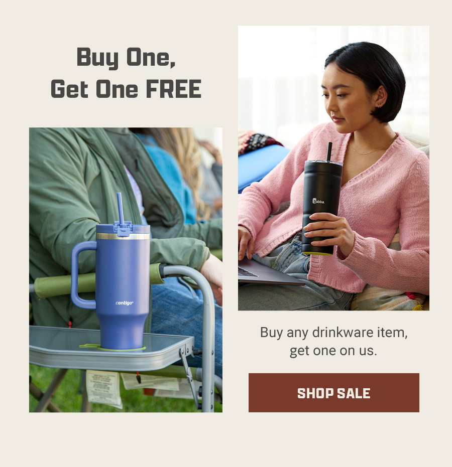 Buy one get one free offer with images of drinkware and a shop sale button. Buy any drinkware item, get one on us.
