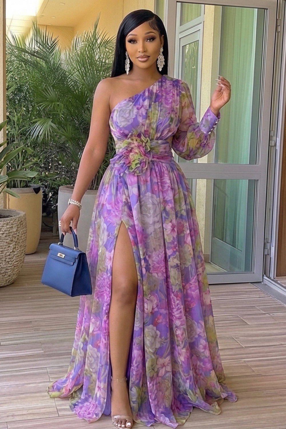One Shoulder Cinch Waist Floral Vacation Maxi Dresses-Purple [Pre Order]
