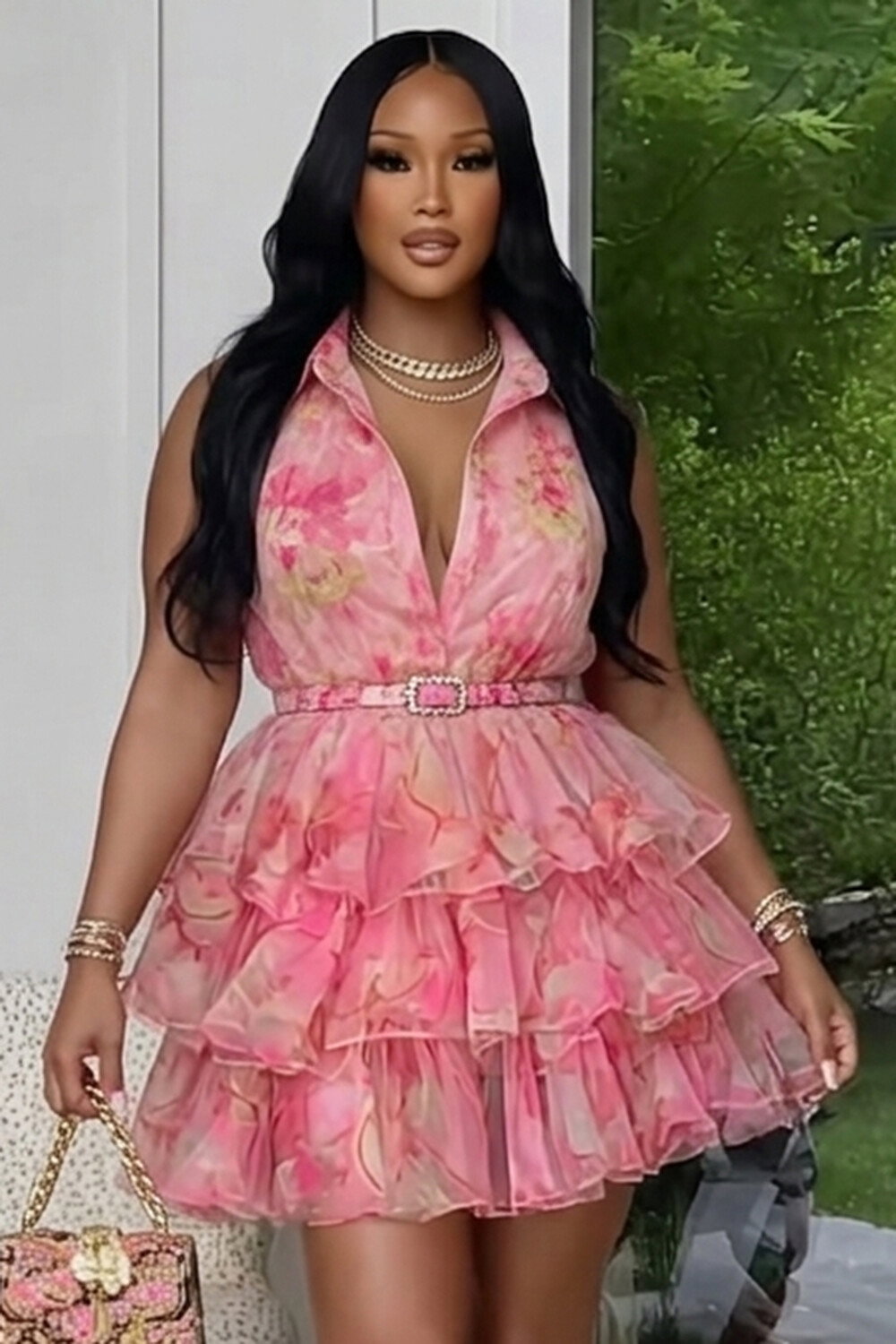Turndown Collar Sleeveless Ruffle Vacation Mini Dresses-Pink [Pre Order]