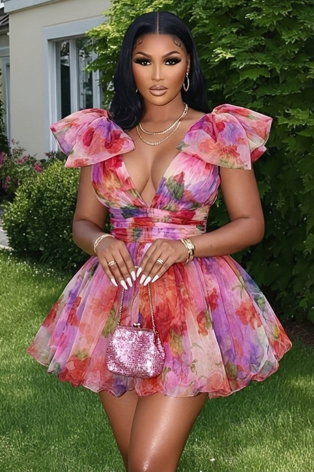 Deep V Neck 3D Ruffle Cinch Waist Floral A-Line Mini Dresses-Pink [Pre Order]