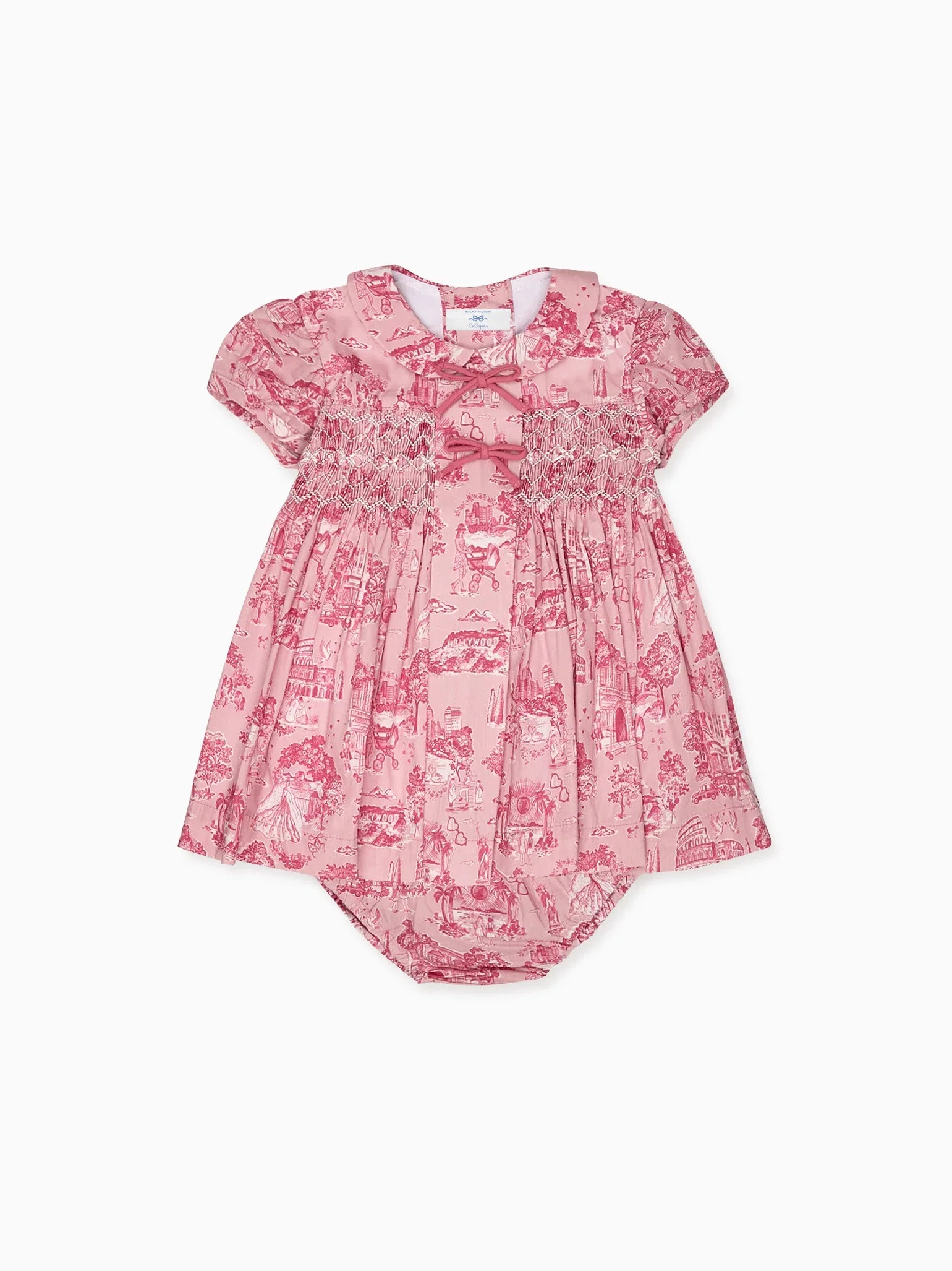 Image of Nicky Hilton x La Coqueta Pink Toile de Jouy Theodora Baby Girl Hand-Smocked Set