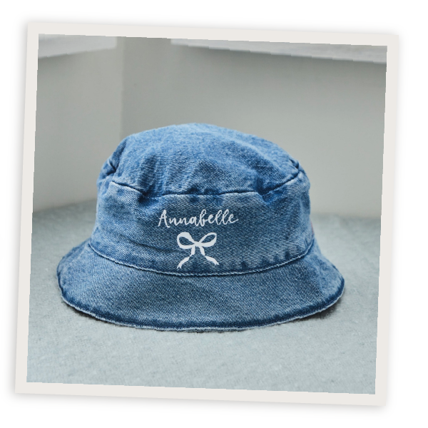 Personalised White Bow Denim Bucket Hat