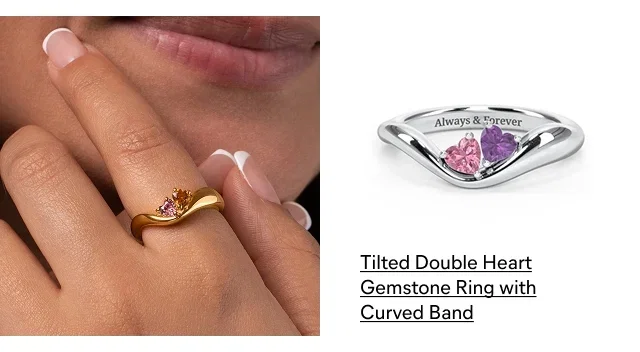 Tilted Double Heart Gemstone Ring with Curved Band
