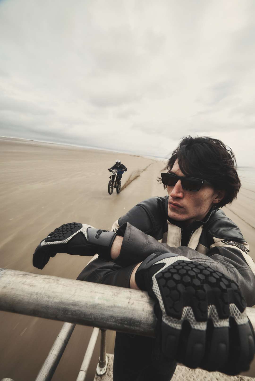 Model wearing the Represent x Belstaff Leather Race Jacket