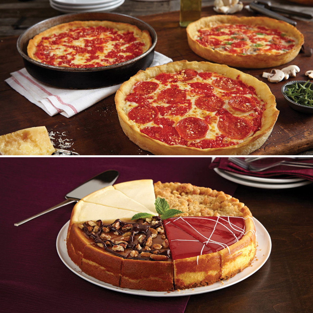 Image of 1 Eli's Sampler Cheesecake & 3 Lou's Pizzas