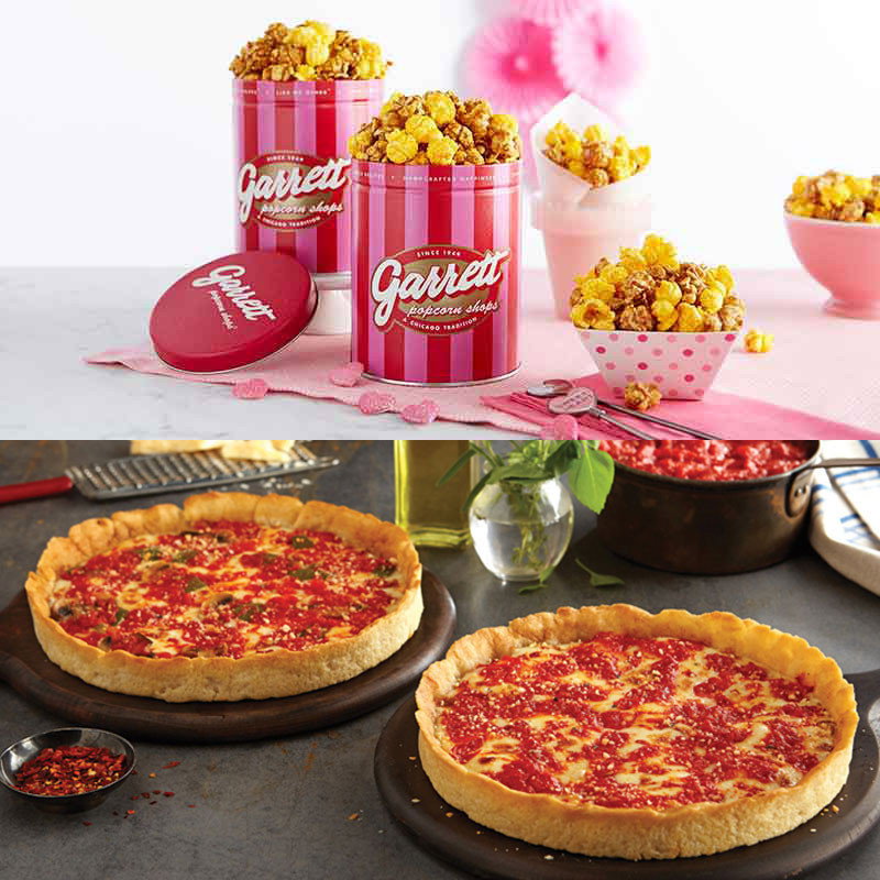 Image of 2 Garrett Popcorn Petite Pink Tins & 2 Lou's Pizzas