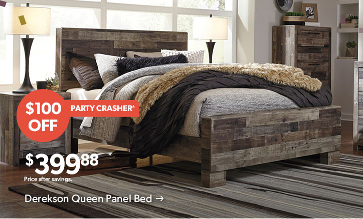 100 dollars OFF. Party Crasher. 399 dollars and 88 cents. Price after savings. Click to shop the Derekson Panel Bed 