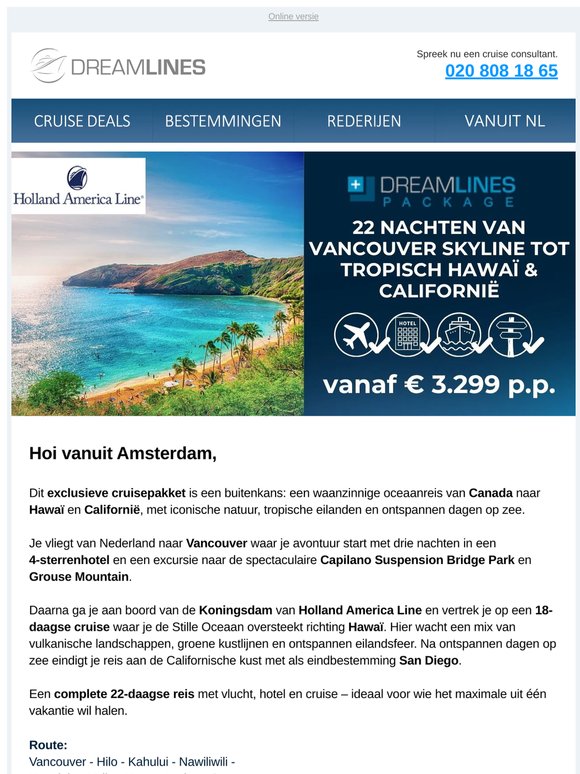 🌺 22-daagse Hawaï–Canada reis + topdeals van rederijen