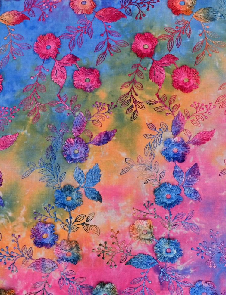 Tie Dye Floral Embroidered Cotton Fabric Cerise