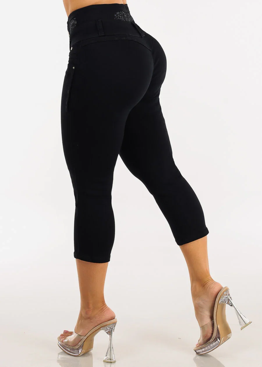 Image of MX JEANS Embroidered Back Butt Lift Stretch Denim Capris Black