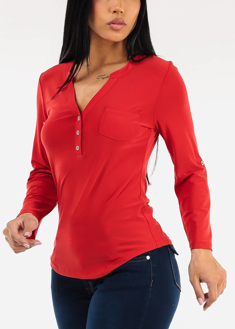 Image of Long Sleeve Stretchy Henley Blouse Red
