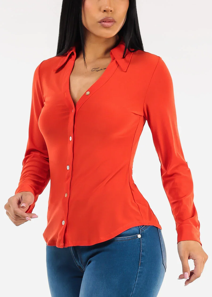 Image of Stretchy Long Sleeve Button Down Collared Blouse Red Orange
