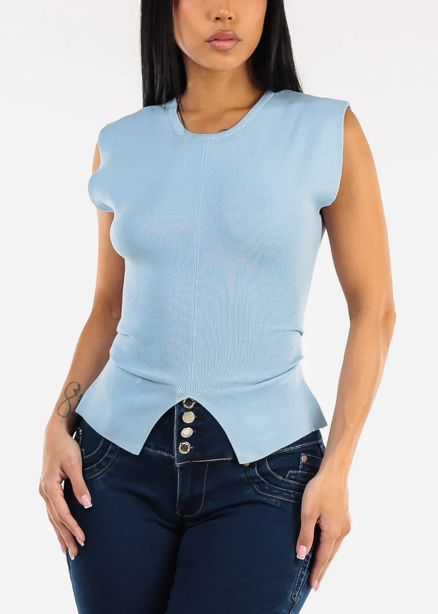 Image of Stretch Sleeveless Round Neck Sweater Top Light Blue