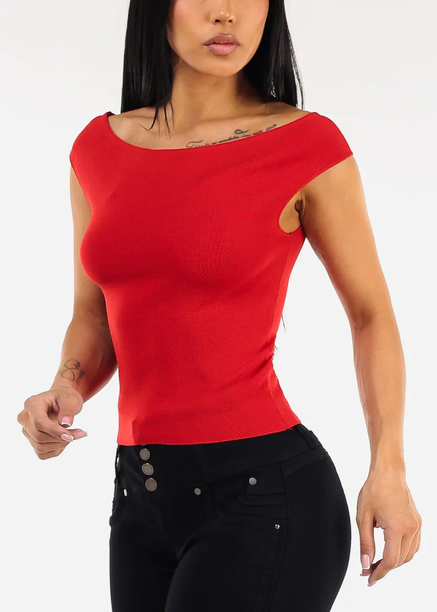 Image of Stretch Cap Sleeve Boat Neckline Sweater Top Red