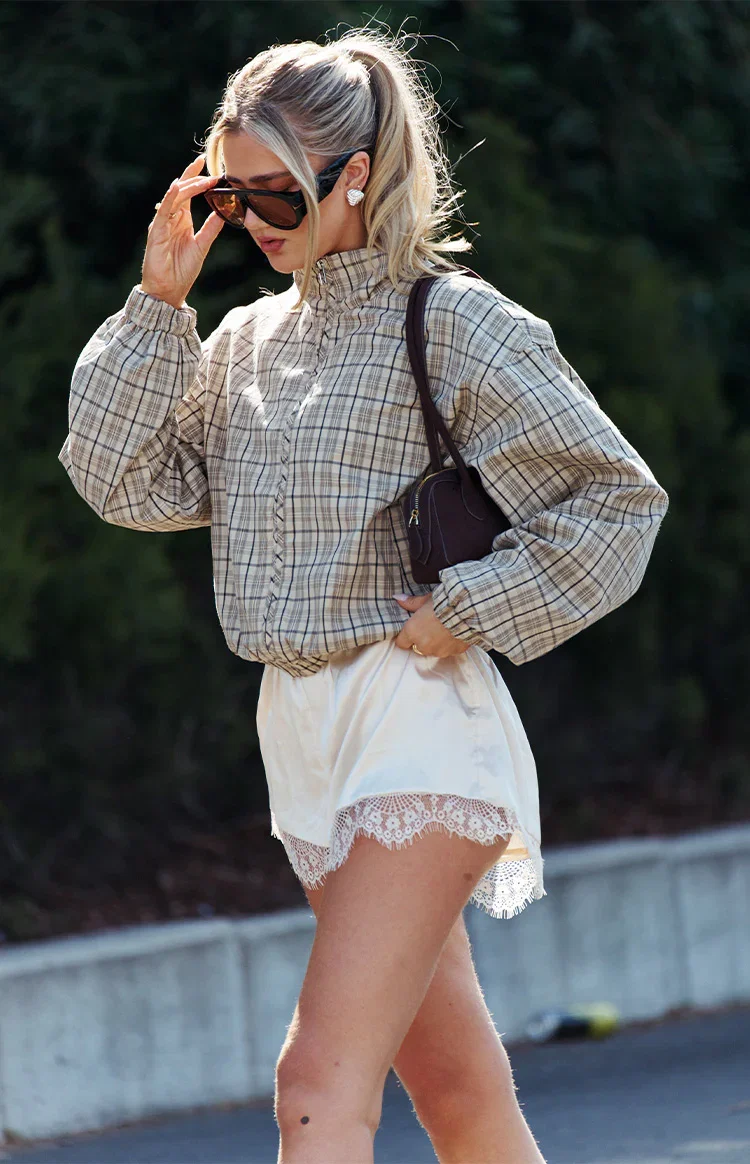 Image of Lee Beige Plaid Funnel Neck Jacket - PRE ORDER