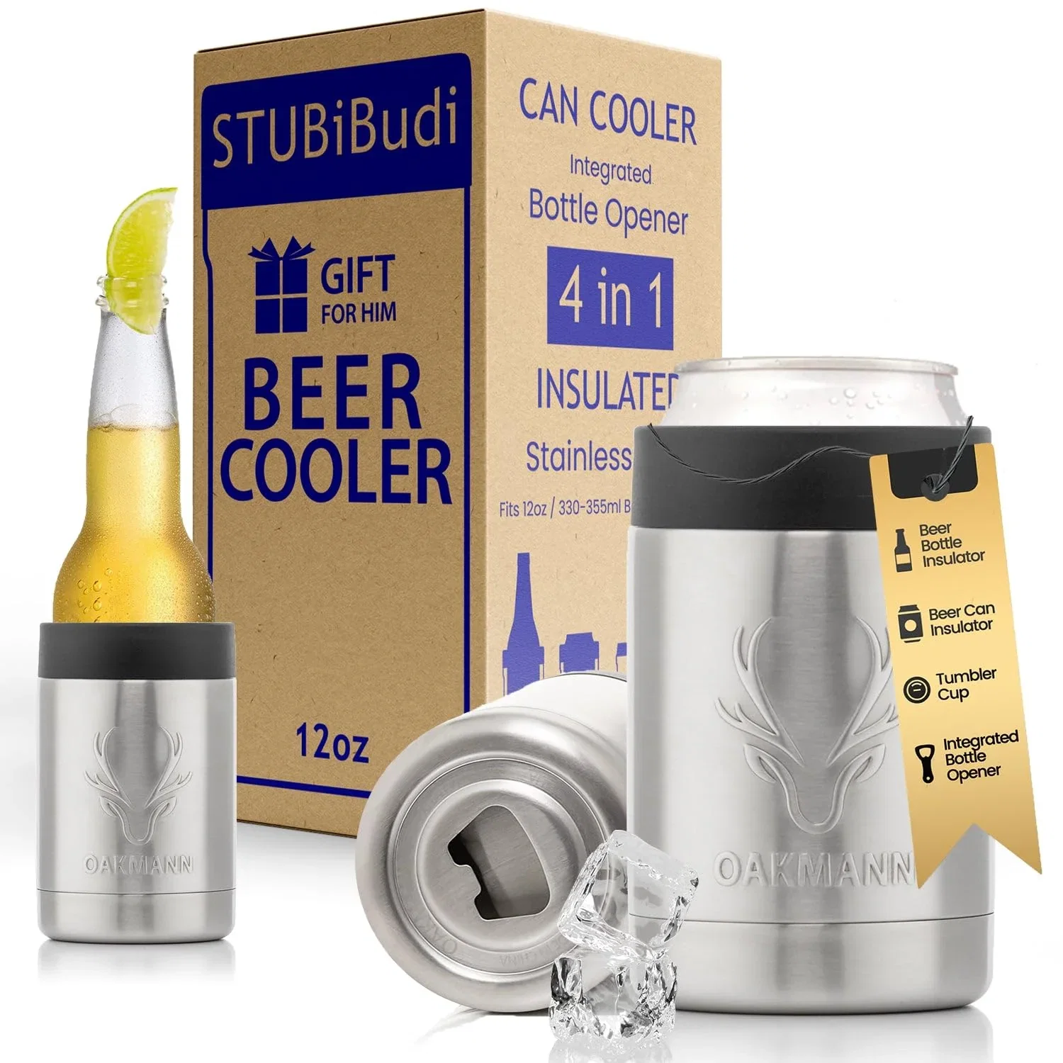 Stainless Steel Beer Cooler – 4-in-1 Vacuum Insulated Can Cooler with Bottle Opener