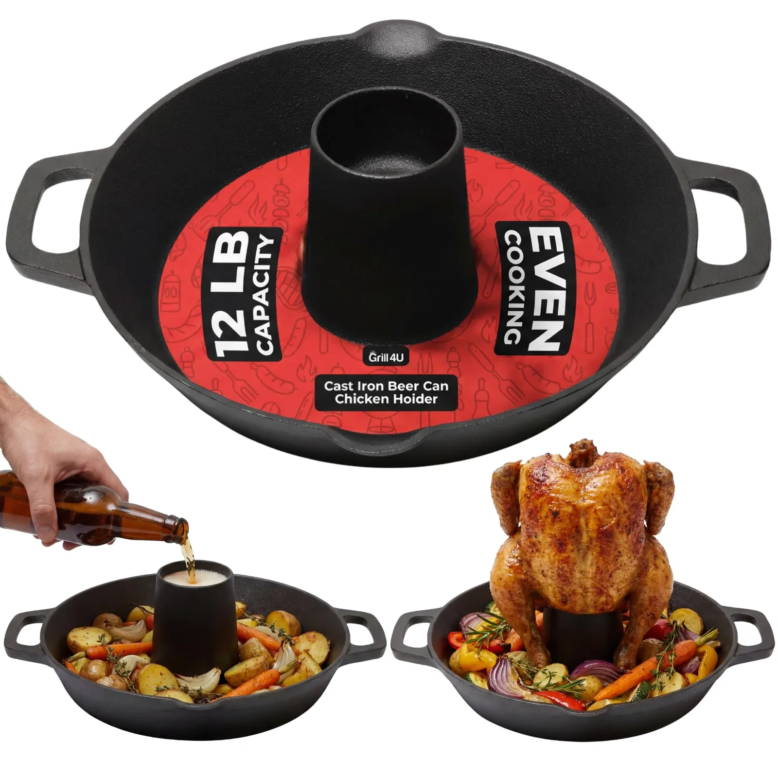 Cast Iron Vertical Chicken Roaster with Drip Pan – Beer Can Poultry Roasting Stand