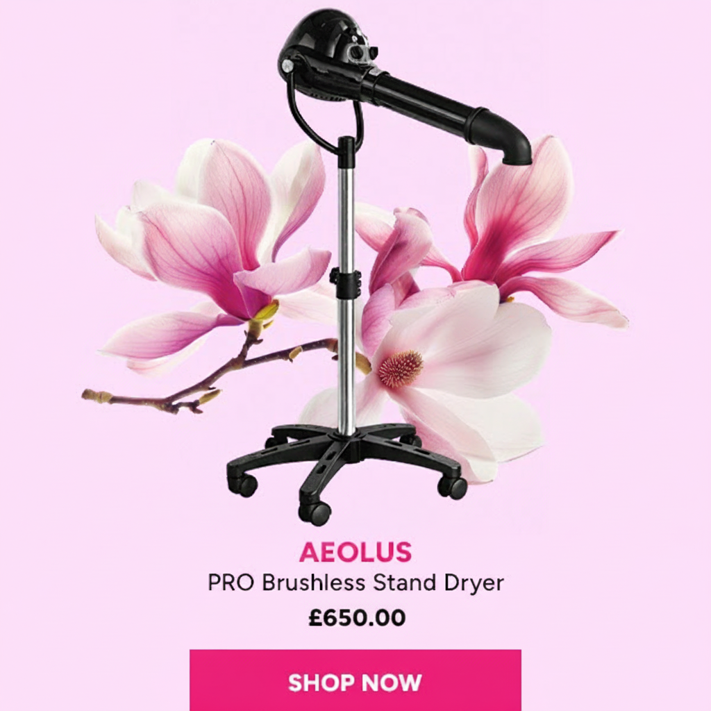 A black stand dryer with pink magnolias and a "Shop Now" button.
