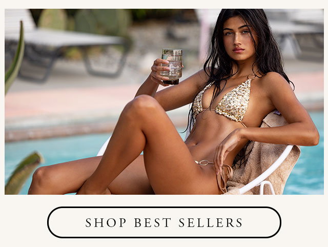 Model wearing a gold sequin bikini. Shop best sellers. 