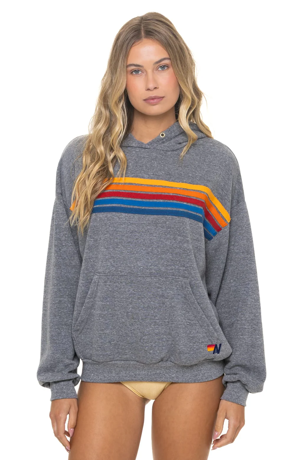 Image of 5 STRIPE RELAXED PULLOVER HOODIE - HEATHER GREY