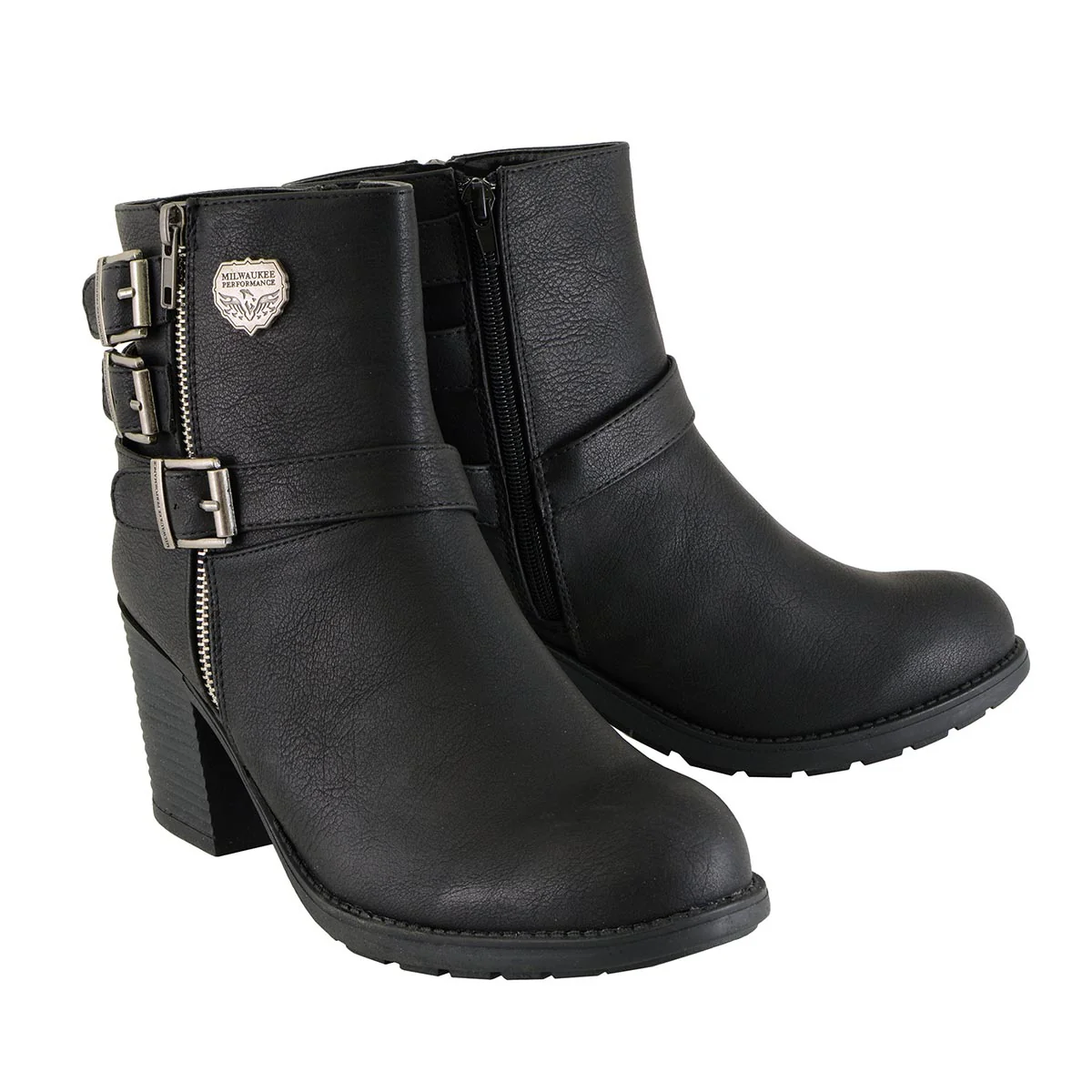 Image of Milwaukee Leather MBL9405 Women's Short Black Fashion Boots with Side Zippers and Triple Buckle Adjustment