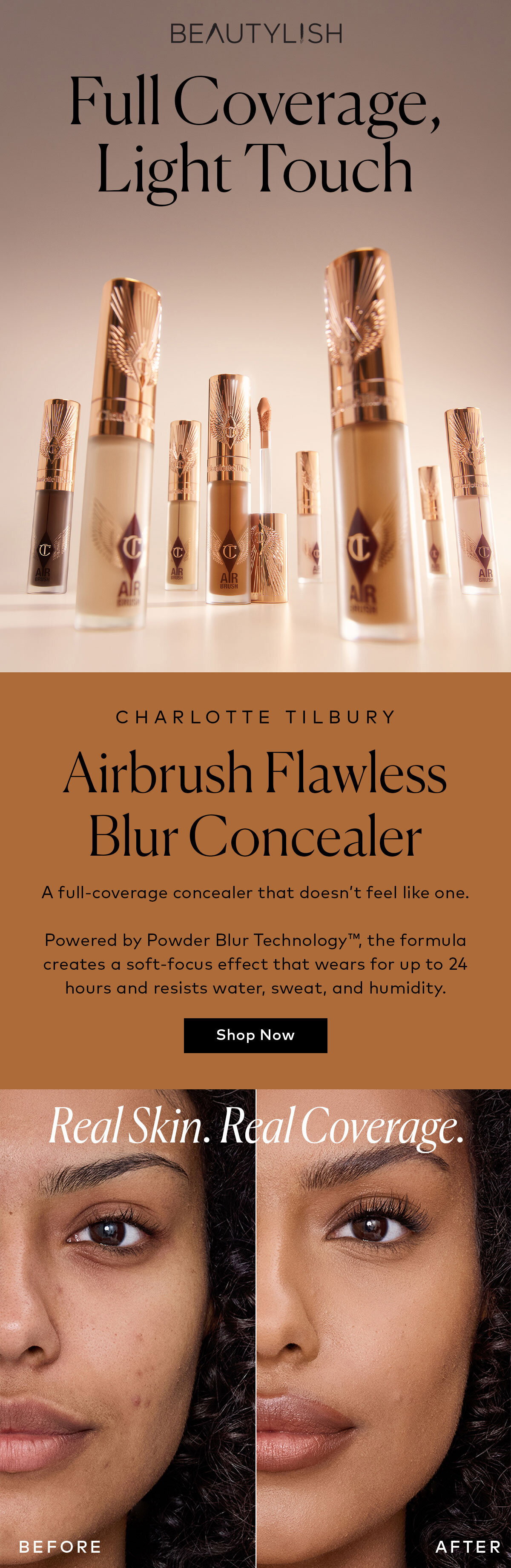 A full-coverage concealer that doesn’t feel like one. Shop the Charlotte Tilbury Airbrush Flawless Blur Concealer at Beautylish.com