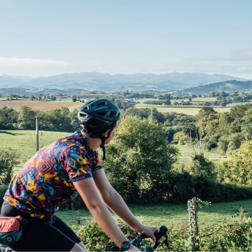 A cyclist looks out over the green countryside of Nouvelle-Aquitaine