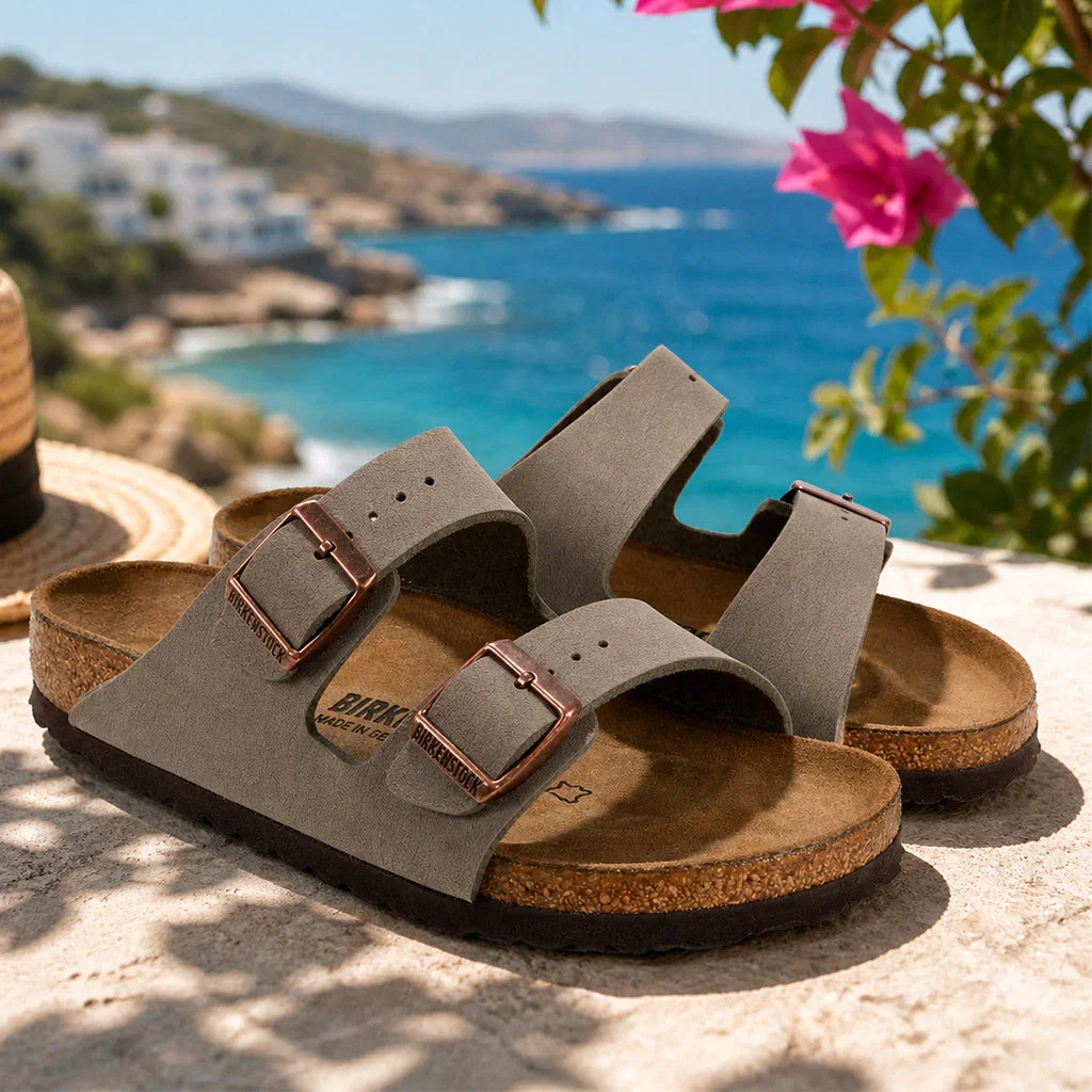 Birkenstock sandals with gray suede straps and cork soles displayed on a sunny Mediterranean coastal terrace overlooking turquoise waters.