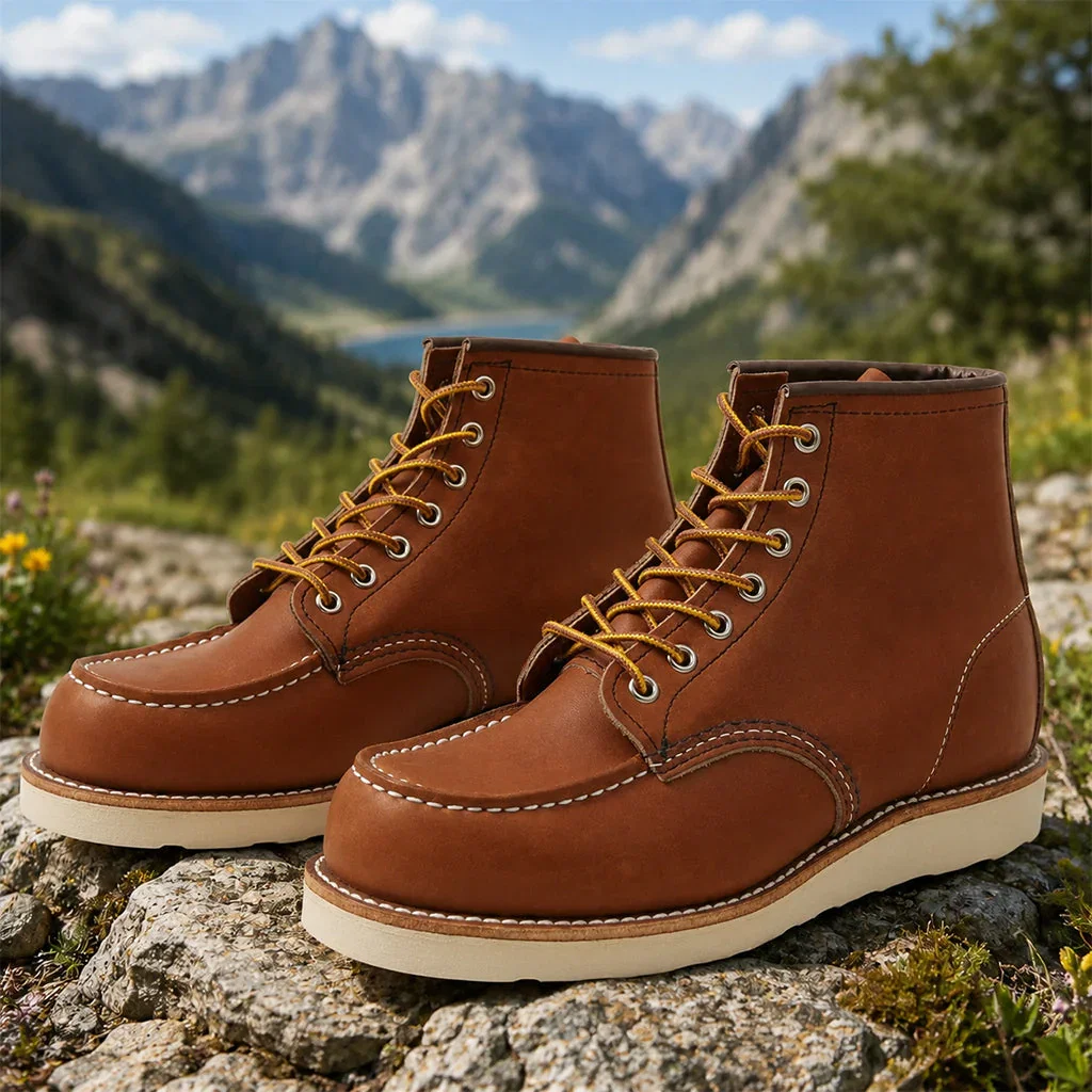 Pair of brown leather Red Wing moc-toe boots with cream soles on a rock, mountain valley backdrop