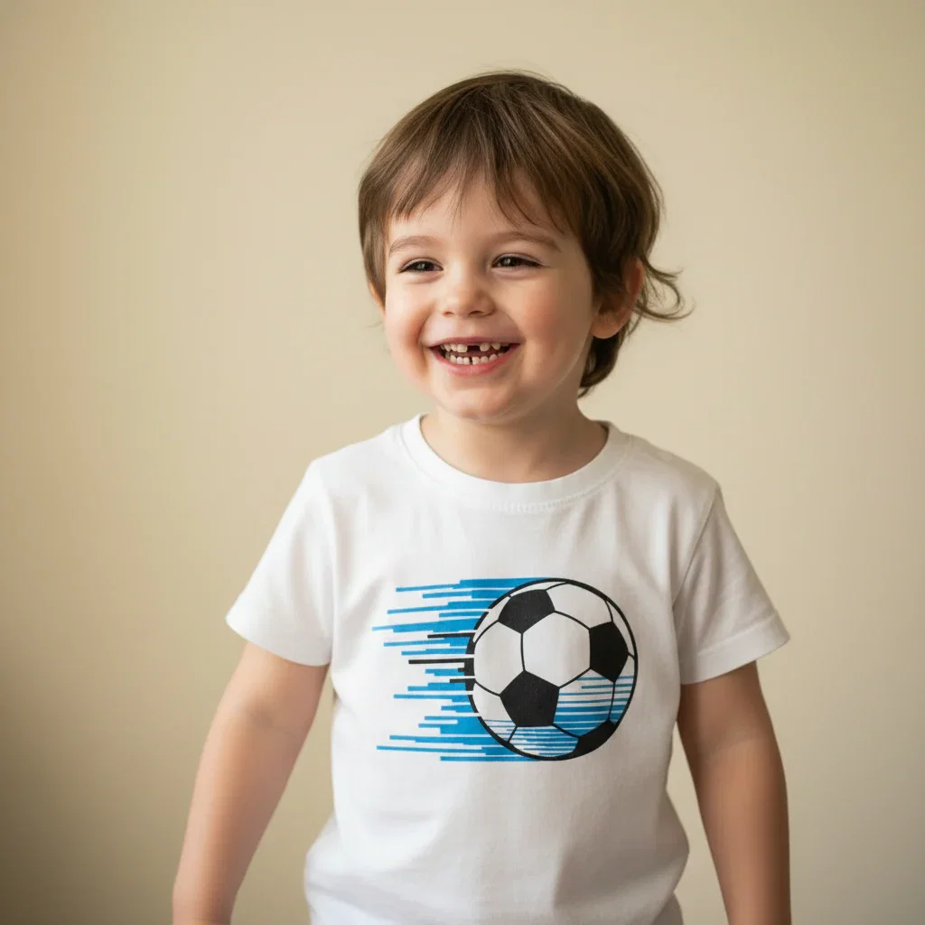 Smiling young child wearing white soccer ball graphic t-shirt against neutral background