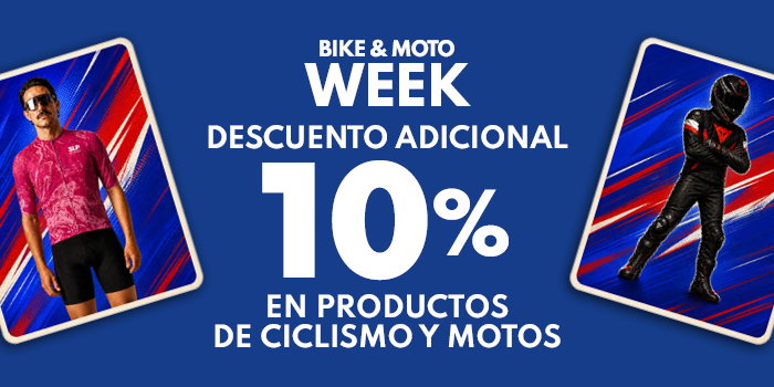 Promotional banner for Bike & Moto Week — additional 10% off cycling and motorcycle products, featuring cyclist and motorcyclist images