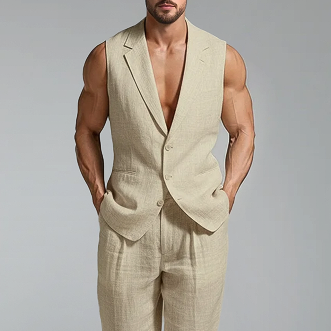 Okaywear Linen Notch Lapel Single Breasted Casual Beige Vest