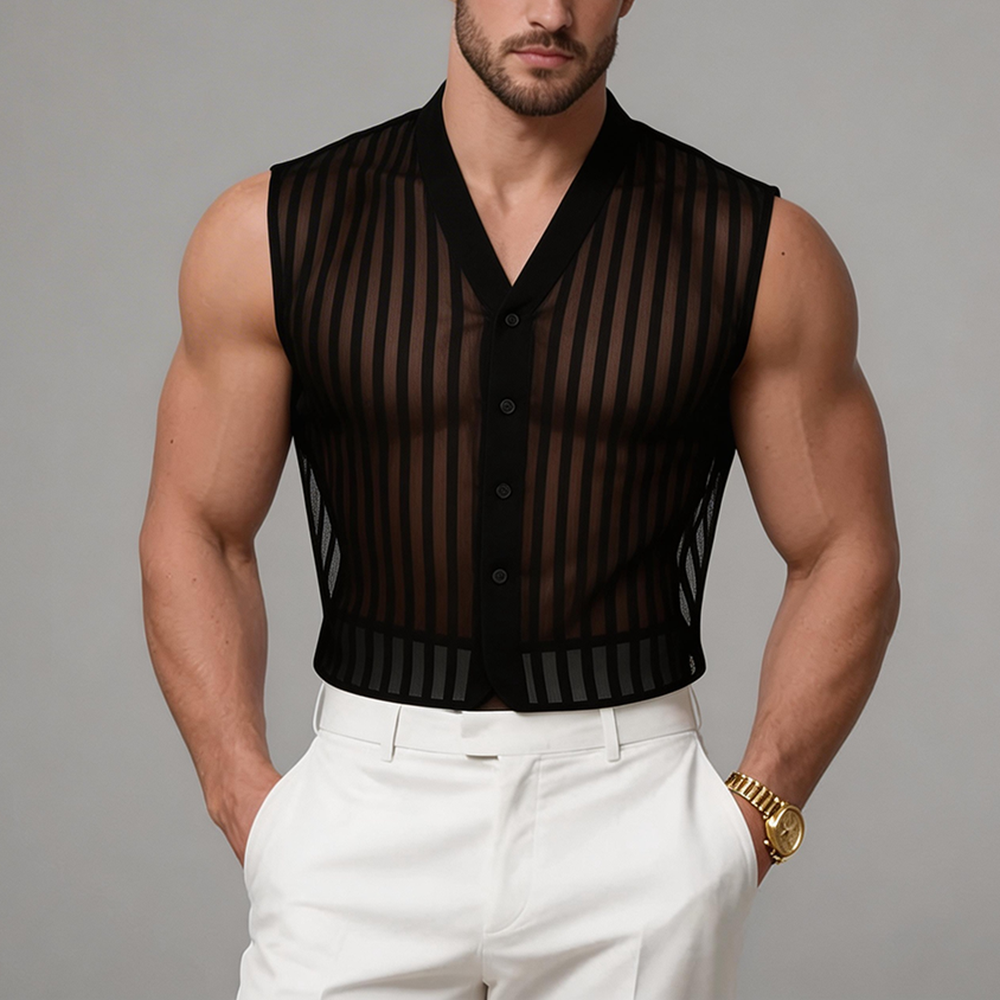 Okaywear Striped Mesh See-Through V Neck Black Vest