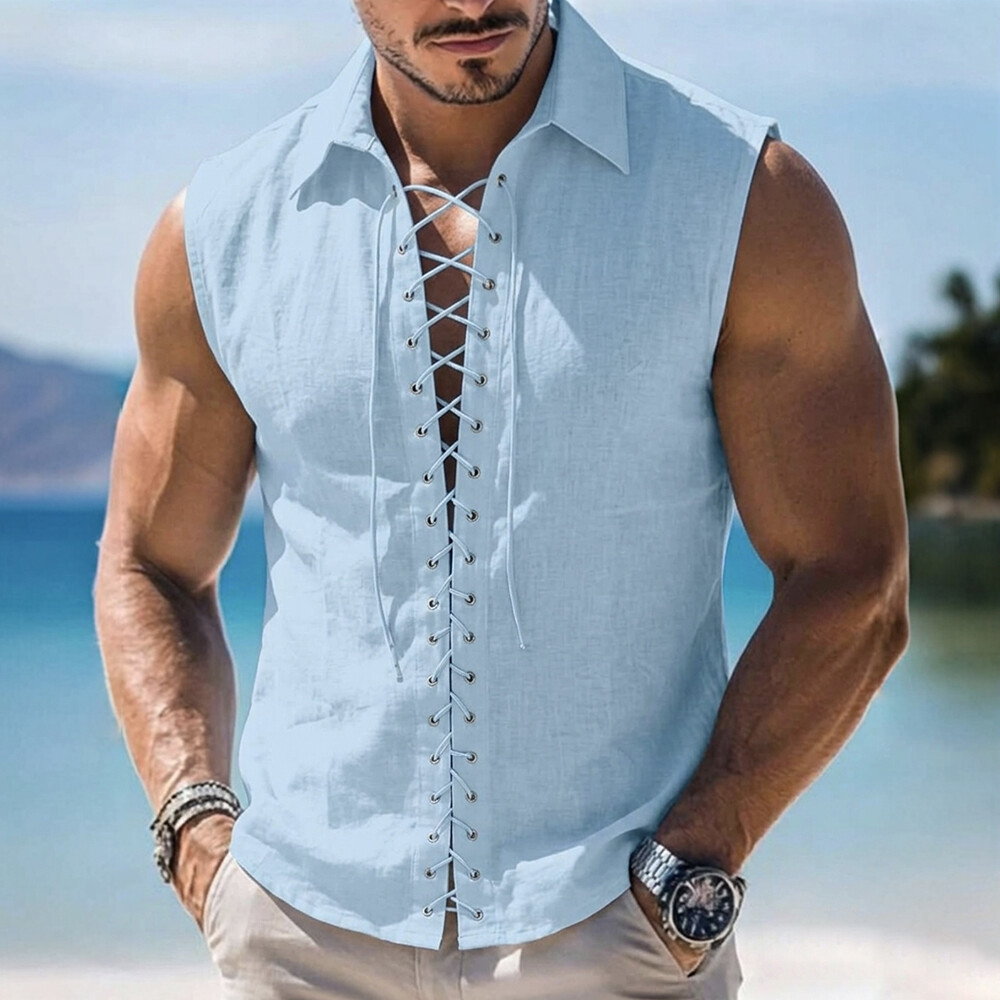 Okaywear Turndown Collar Eyelet Lace-Up Blue Sleeveless Shirt