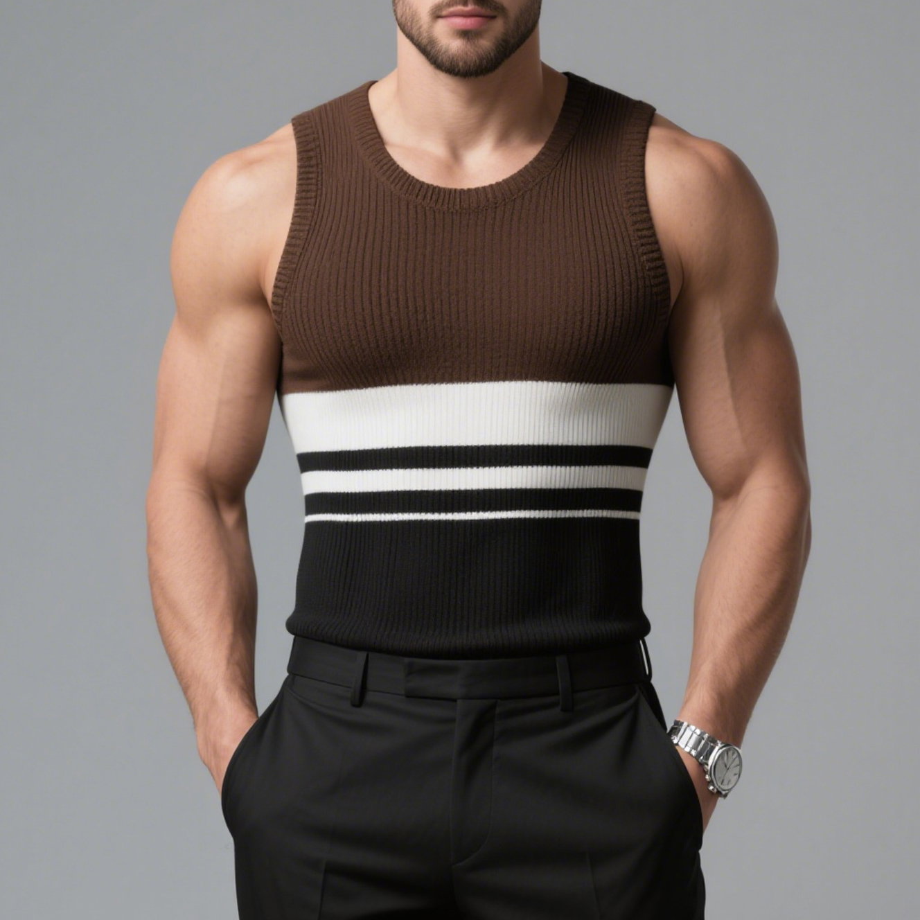 Okaywear Rib Knit Colorblock Crew Neck Tank Top
