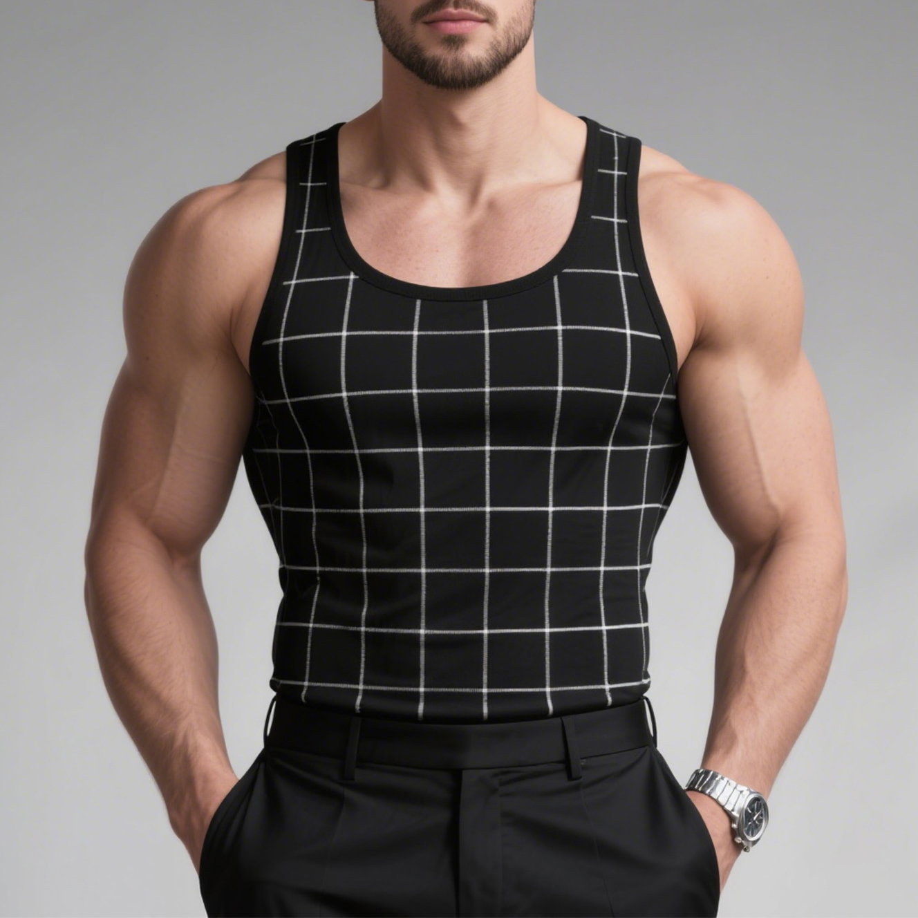 Okaywear U Neck Sleeveless Plaid Tank Top
