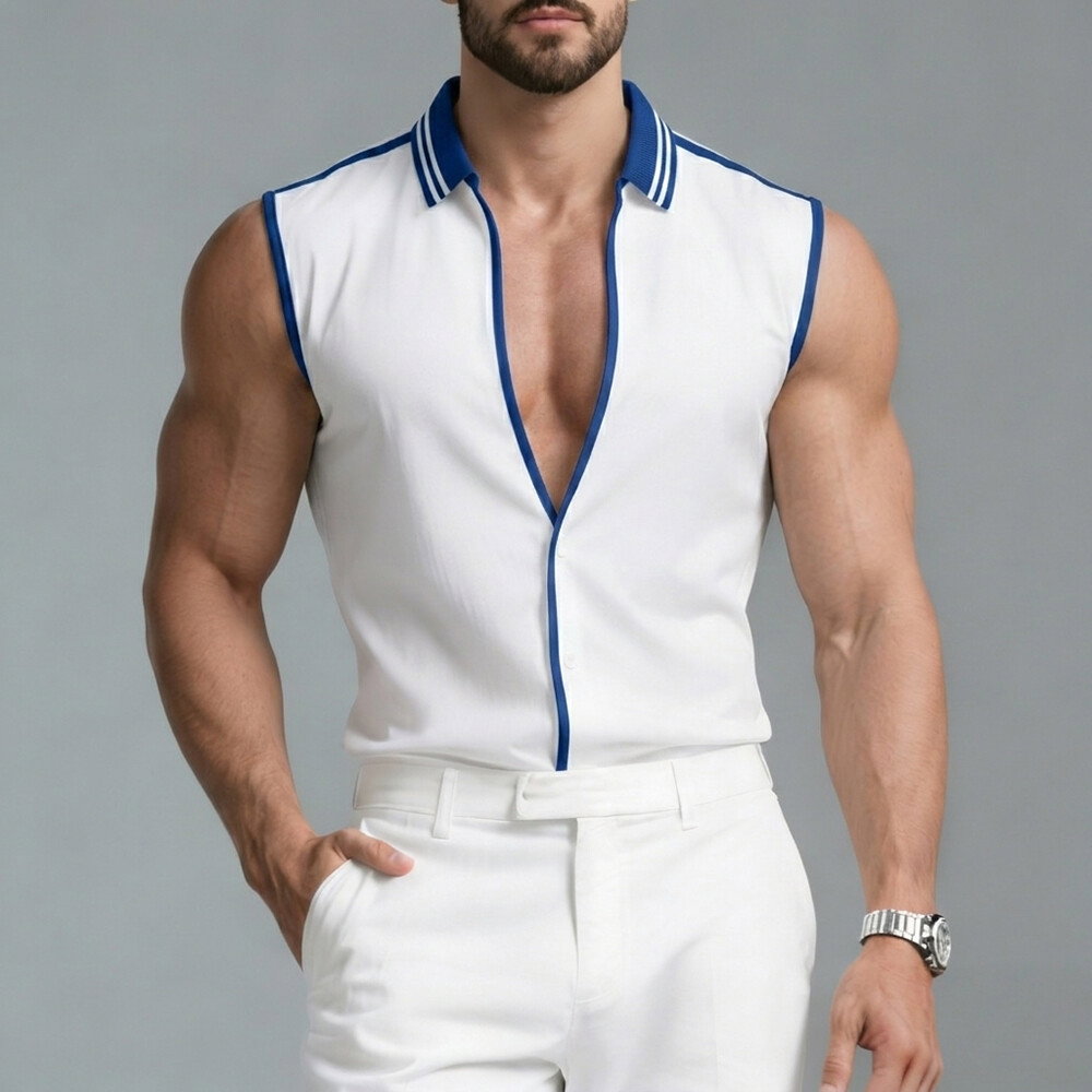 Okaywear Contrast Binding Turndown Collar Button White Sleeveless Shirt
