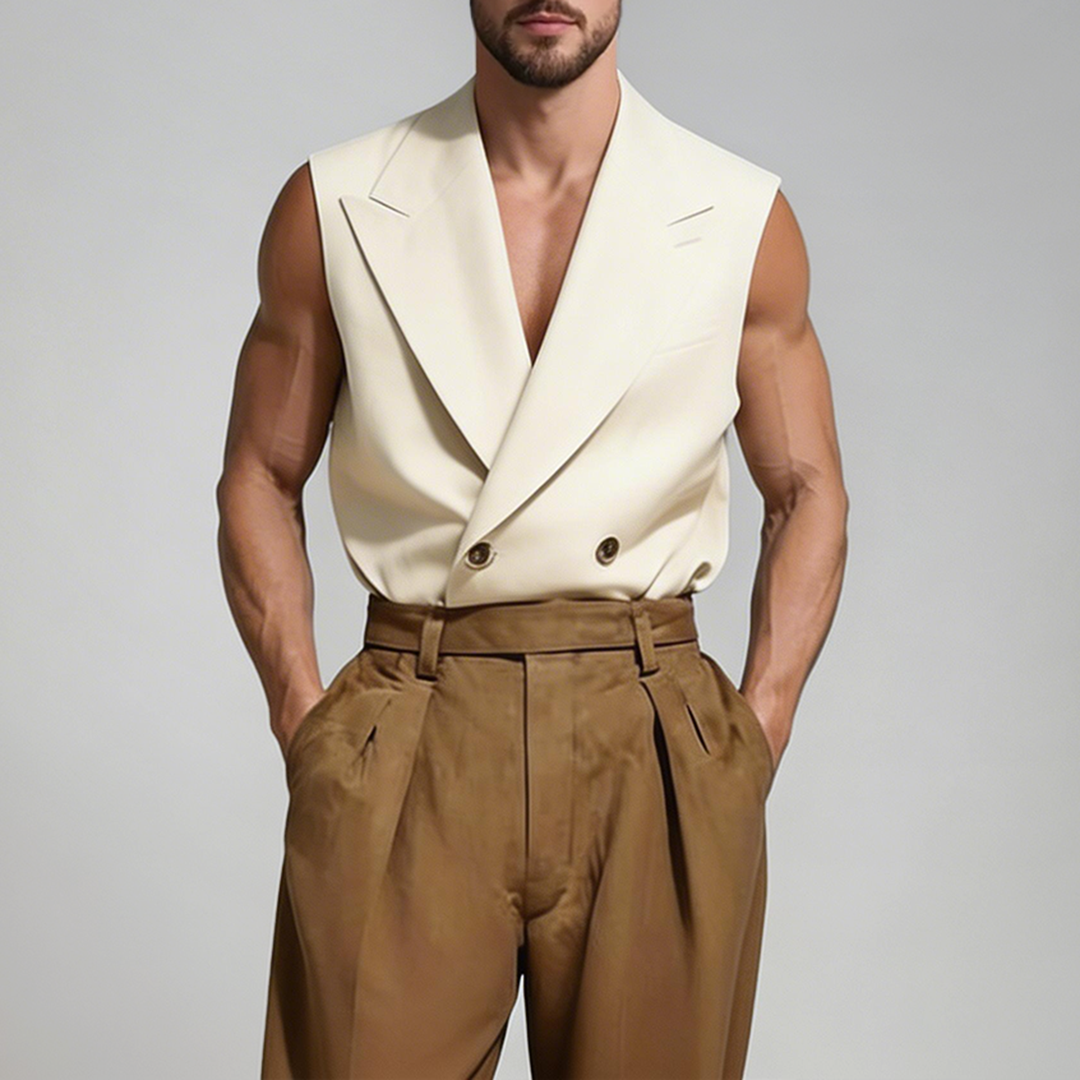 Okaywear Peak Lapel Double Breasted Relaxed Fit Beige Vest