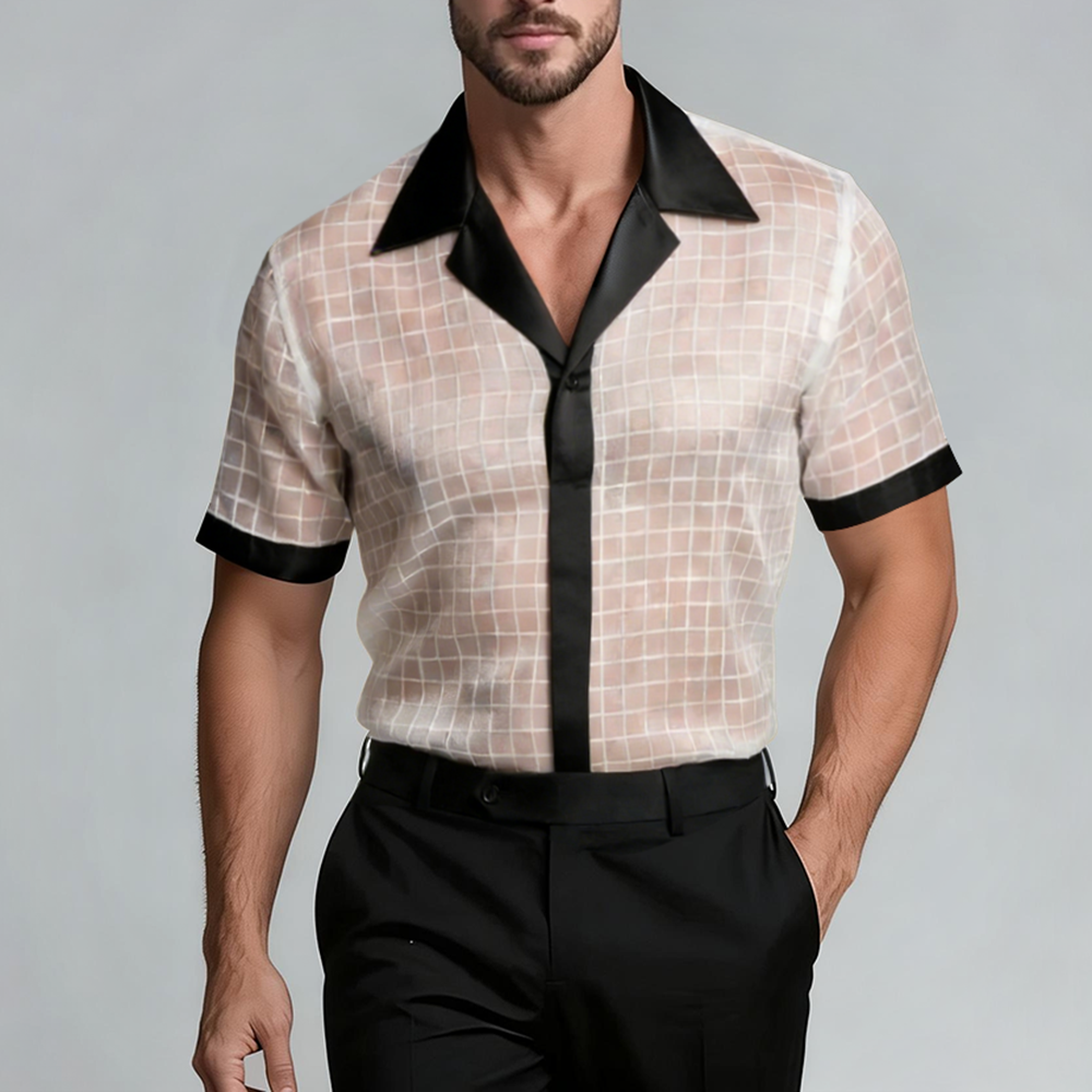 Okaywear Mesh Grid Pattern Contrast Camp Collar White Short Sleeve Shirt