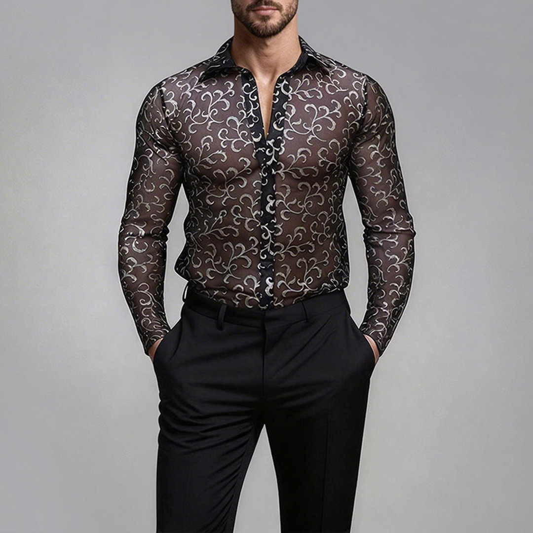 Okaywear Baroque Printed Mesh Button Up Black Long Sleeve Shirt
