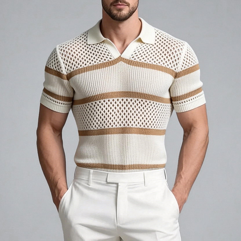 Okaywear Mesh Ribbed Contrast Striped Beige Short Sleeve Top