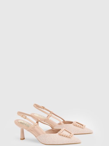 Amanda Textile Point Embellished Trim Slingback Kitten Heel Court Shoes